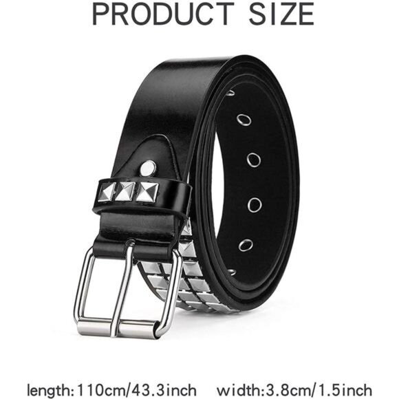 Black Studded Belt Punk Rock Rivet Belt Grommet Threads Belt with Bright Metal - Picture 4 of 8